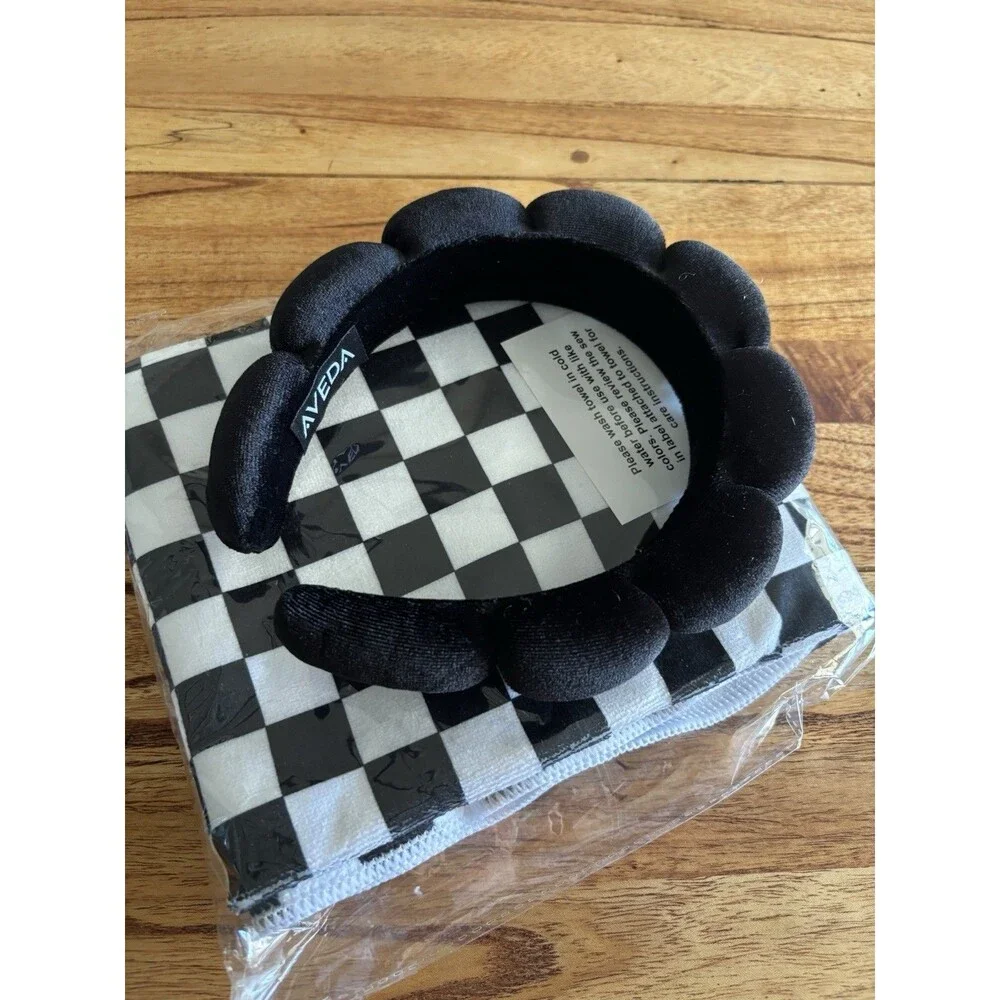 Aveda Hair Wrap Towel Turban Black and White Checked With Black Headband